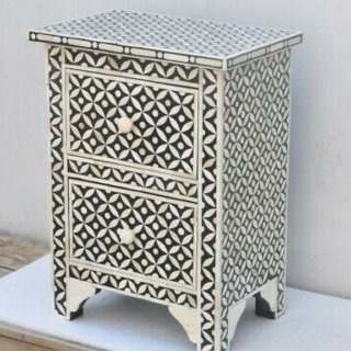 Photo of Bone Inlay Indian Handicraft Bedside Cabinet Table Black Geometric