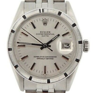 Photo of Mens Rolex Date Stainless Steel Watch Engine-Turned Index Bezel Silver Dial 1501