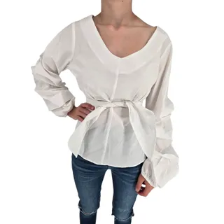 Photo of Ultra Flirt Womens Sz M White Balloon Long Sleeve Blouse Wrap Kimono Front