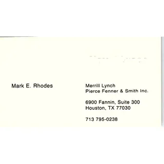 Photo of Merrill Lynch Mark E. Rhodes Houston Texas Vintage Business Card SB4-B1