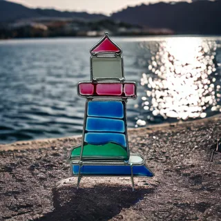 Photo of Vintage Stained Glass Lighthouse Free Standing 6.5” TD5