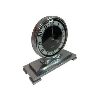 Photo of Vintage 1950s Germany Table Clock 8 Day Gesetzlich Geschutzt Silvertone Black