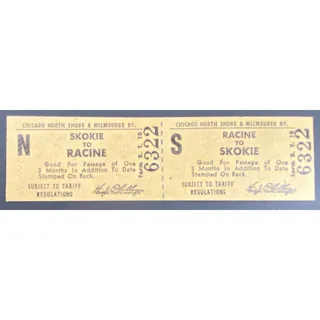 Photo of Chicago and North Shore & Milwaukee RY Ticket Racine to Skokie #6322