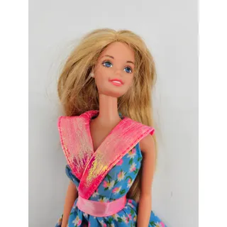 Photo of 1990s Mattel Barbie Doll Wearing Happy Birthday Dress Pink Blue Floral