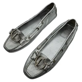 Photo of Christian Dior Metallic Silver Leather Logo Slip On Driving Loafers Sz 39 US 9