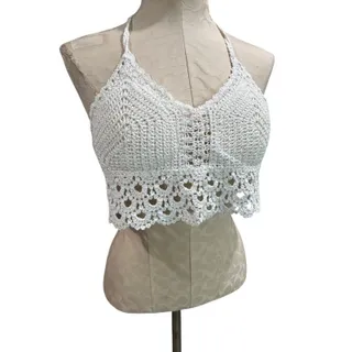 Photo of Small Crochet White Tie Crop Top Boho Padded