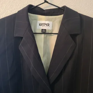 Photo of Vintage 1990s Kasper Petite 12P Skirt Suit Set Black Pinstripe Career