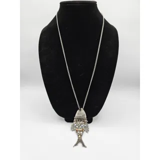 Photo of Vintage Fish Pendant Style Necklace Silver Tone Chain Inlay Stones