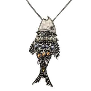 Photo of Vintage Fish Pendant Style Necklace Silver Tone Chain Inlay Stones