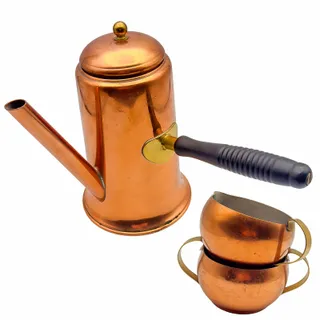 Photo of Vintage Colonial Copper & Brass Ware 4-Piece Kettle w/Lid Creamer and Sugar Bowl