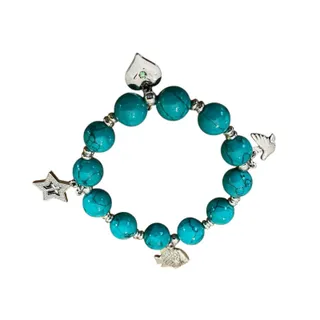 Photo of Beaded Stretch Silvertone Fish Dove Star Religious Stretch Bracelet Bright Blue