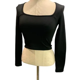 Photo of Size XS Black Scoop Neck Fitted Crop Long Sleeve Womens Shirt Fleecey Lining