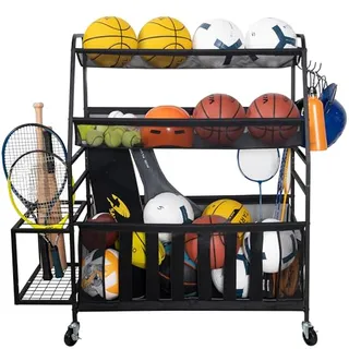 Photo of STORAGE MANIAC Ball Storage Bin Rolling Sports Ball Cart, Metal Garage Organizer