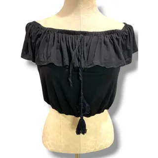 Photo of Large Bear Dance Womens Off Shoulder Black Crop Top Banded Hem