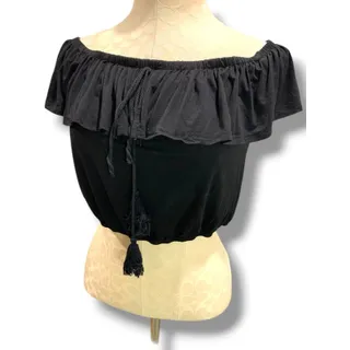 Photo of Large Bear Dance Womens Off Shoulder Black Crop Top Banded Hem