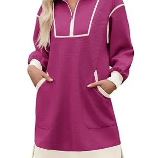 Photo of Half Zip Sweatshirt Dress Fall V Neck Contrast Mini Dresses