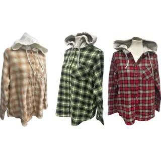 Photo of 3 New Womens XL Red Tan Green Long Sleeve Plaid Flannel Button Up Hoodies