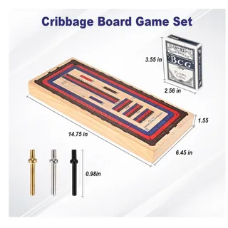 Photo of Wooden Cribbage Board Set, 3 Tracks, Larger Storage, Cards set& 18 Metal Pegs