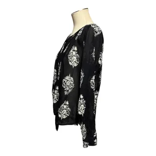 Photo of Lucky Brand Sheer Tie Front Button Up Blouse Top Black Cream Floral XL