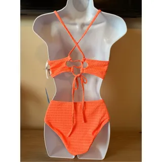 Photo of CUPSHE NWT Bright Coral Textured Bikini Set Size Large High Waisted Swimwear