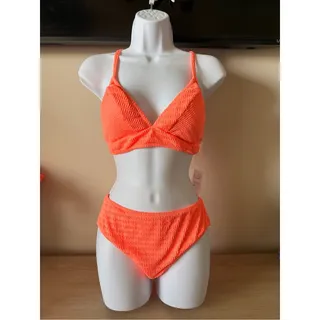 Photo of CUPSHE NWT Bright Coral Textured Bikini Set Size Large High Waisted Swimwear