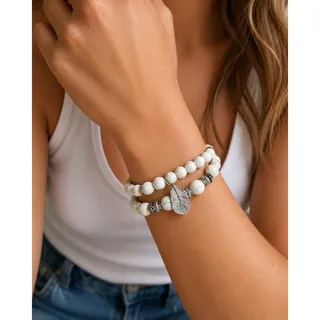 Photo of White Marble Beaded Stretch Bracelet Set Silver Leaf Charm Boho Stack Jewelry