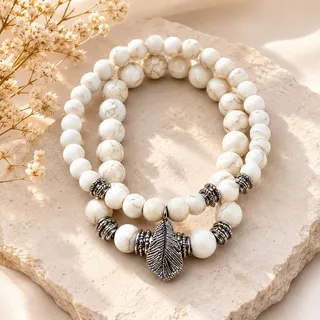 Photo of White Marble Beaded Stretch Bracelet Set Silver Leaf Charm Boho Stack Jewelry