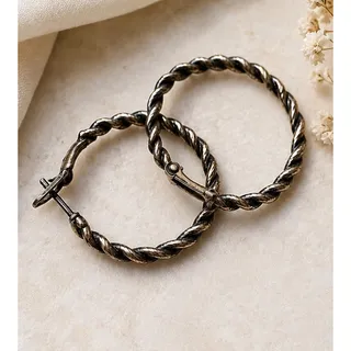 Photo of  Vintage Silver Tone Twisted Hoop Earrings Textured Rope Design Latch Back
