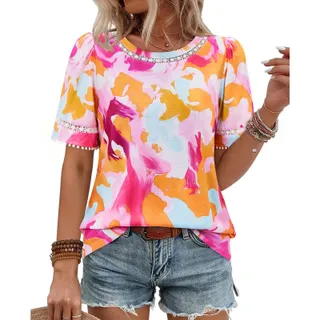 Photo of siliteelon Womens Top XL Multicolor Floral Puff Sleeve Pom Pom Trim Lace Neck