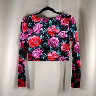 Photo of Madden NYC Crop Top Juniors Medium Red Floral Cherry Velour Rhinestone Heart