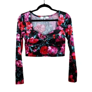 Photo of Madden NYC Crop Top Juniors Medium Red Floral Cherry Velour Rhinestone Heart
