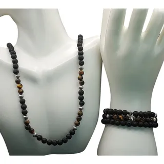 Photo of NWOT 4 Pc Black Lava Tiger Eye Agate Beaded Jewelry Set Handmade Natural Stone