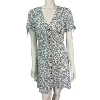 Photo of Mislish dusty blue white abstract v-neck button front knot sleeve mini dress sm.