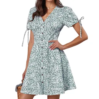 Photo of Mislish dusty blue white abstract v-neck button front knot sleeve mini dress sm.
