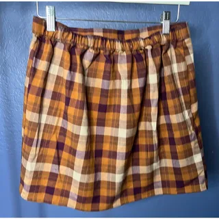 Photo of SO Plaid Mini Skirt Purple Orange Button Front Wrap Style elastic waist 7 NWOT