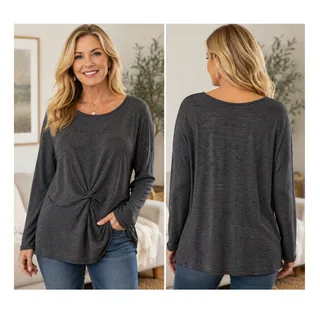 Photo of Como Blu Black Gray Striped Twist Front Long Sleeve Tunic Top XL