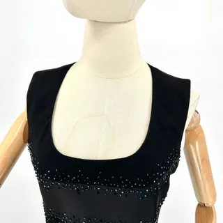 Photo of Vintage 90s Evan-Picone Black Beaded Satin Trim Cocktail Midi Dress