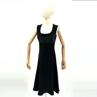 Photo of Vintage 90s Evan-Picone Black Beaded Satin Trim Cocktail Midi Dress