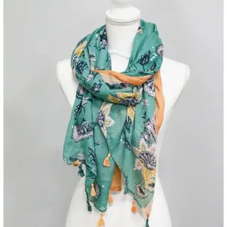 Photo of Turquoise Yellow Cottage Floral Design Lightweight Tasseled Scarf