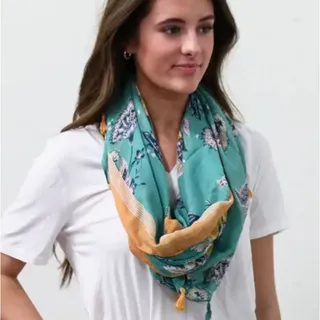 Photo of Turquoise Yellow Cottage Floral Design Lightweight Tasseled Scarf