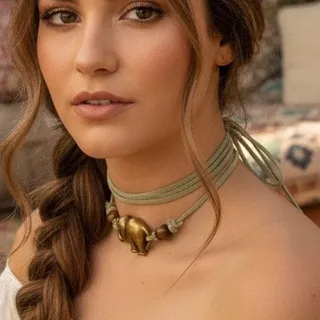 Photo of Handmade/upcycled brass elephant and sage suede choker necklace