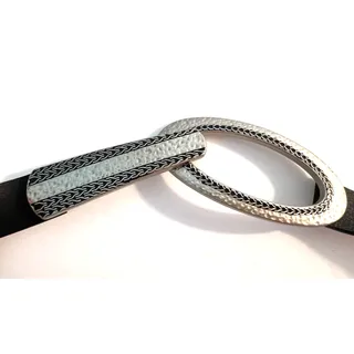 Photo of Chico's Womens Black Leather Belt S/M Slide Adjustable Deco Silver Ring Buckle