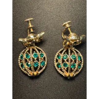 Photo of Vintage Coro Screw Back Green Rhinestone Danagle Earrings