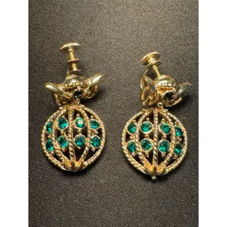 Photo of Vintage Coro Screw Back Green Rhinestone Danagle Earrings