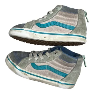 Photo of Vans Old Skool Sk8 high tops pink blue suede canvas zip up back toddler size 8