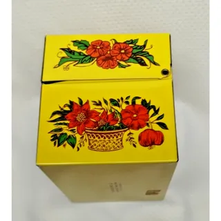 Photo of Syndicate Mfg Co Metal Recipe Box Yellow Tin Floral Flower Pots 1960s Vintage