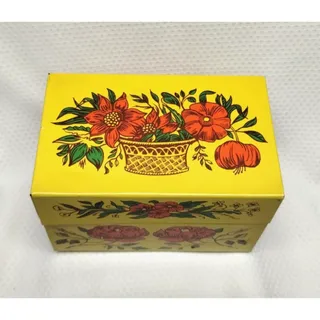 Photo of Syndicate Mfg Co Metal Recipe Box Yellow Tin Floral Flower Pots 1960s Vintage