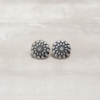 Photo of Vintage Clip On Earrings Silver Tone Flower with Black Detail & Clear Gem 5/8"