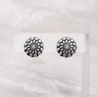 Photo of Vintage Clip On Earrings Silver Tone Flower with Black Detail & Clear Gem 5/8"