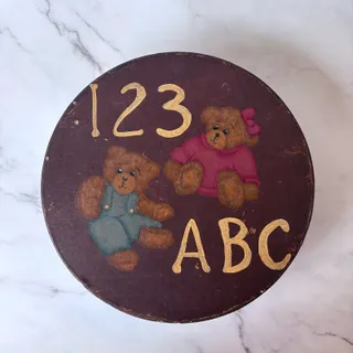 Photo of Vintage Hand Painted Teddy Bear 123 ABC Round Storage Box Nursery Decor 9.25"